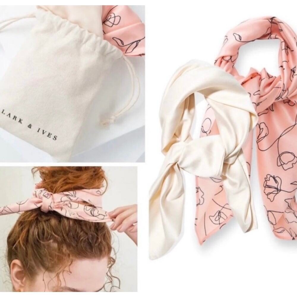 Lark & Ives Hair Scarf Set Pink Floral Square 20" x 20" Silky Vancouver